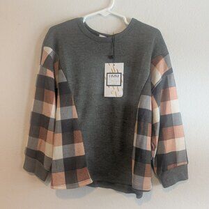 Girl's Olive Green Waffle Knit Plaid Sleeve Top - Size 6